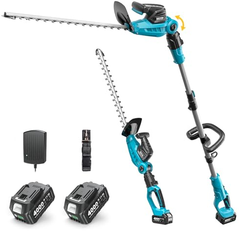 SEESII Tagliasiepi Telescopico a Batteria 2 in 1, Tagliasiepi a Batteria con Lama Doppia da 53 cm, Lunghezza Regolabile fino a 2,6 m, Taglio 18 mm, 2 Batterie 4,0Ah, per Siepi, Alberi e Arbusti