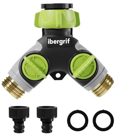 Ibergrif M22205, Distribuidor bidireccional para riego con dos conectores de manguera, Negro/Verde