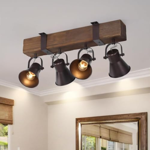 SEEBLEN 4-Light Semi-Flush Mount Ceiling Light, Farmhouse Wooden Track Lighting Fixture, Rustic Kitchen Ceiling Light for Island, Dining Room, Living Room