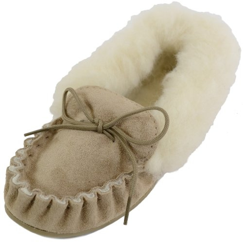 SNUGRUGS Womens Suede Moccasin Slippers, Wool Lining, Wool Cuff, Rubber Sole, Made in UK, Camel, UK 6