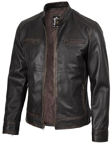 fjackets Real Leather Jackets for Men - Distressed Lambskin Biker Brown Leather Jacket Men | [1100504],Dodge Brown L