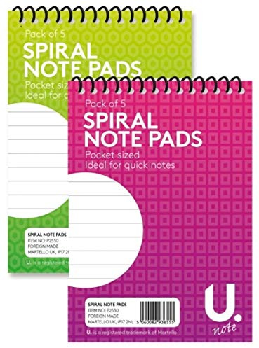 Pack of 5 Spiral Pocket Notepads - Ideal for Notes, Shopping Lists etc Asstd Colours 70 Lined Pages Each