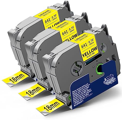 3x Labelwell 18mm Schwarz auf Gelb kompatibel für Brother TZe-641 Schriftband Ersatz für TZe641 TZ641 Tape Cassette für P-touch PT-D400 PT-D450VP PT-D600 PT-E500VP PTP700 PTP750W 1830 2030 D450