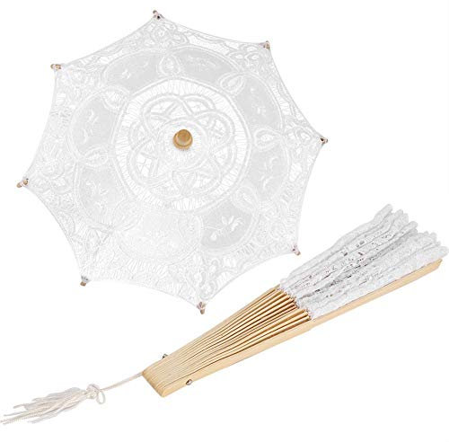 Samfox Spitzenschirm, Spitzenschirm und Spitze Falten Hand Fan Set für Lady Frauen Party Decor Tanzen Fotografie Prop