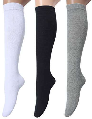Leotruny 3 Pairs Women's Cotton Opaque Knee High Socks (C06-3 Pairs White Black Gray)