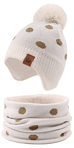 XIAOHAWANG - Berretto Invernale per Bambini, Caldo, con Pompon Cappello Beige + Sciarpa. 4-7 Anni