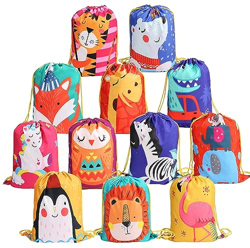 kramow 12 Mochila con Cordón para Niños Niños Niñas,Bolsas de Cuerdas para Infantils,Party Bolsas Fiesta de Cumpleaños Navidad Regalos (Patrón de Dinosaurio)
