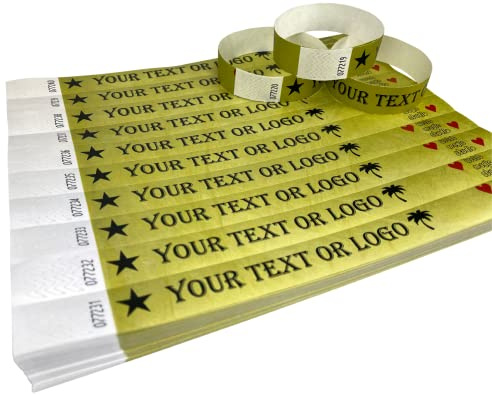 100 Braccialetti Oro Polsini stampati personalizzati di Tyvek con il vostro testo o logo personalizzato per eventi, feste, festival, ID