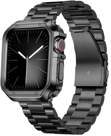 BINLUN Bracelet Compatible avec Apple Watch 45mm 44mm 42mm Bracelets Montre Acier Metal avec Boîtier en TPU Compatible avec iWatch Serie SE/SE2/9/8/7/6/5/4/3/2/1 Homme Femme(Noir,42mm/44mm/45mm)
