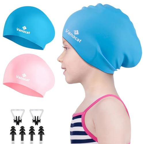 Vanocat 2 Pack Badekappe Kinder Lange/Kurze Haare, Unisex Badekappe Mädchen Jungen für Alter von 3–15 Jahren Kleinkind wasserdichte, Bademütze schwimmkappe mit Ohrstöpseln Nasenclip-Rosa+Himmelblau