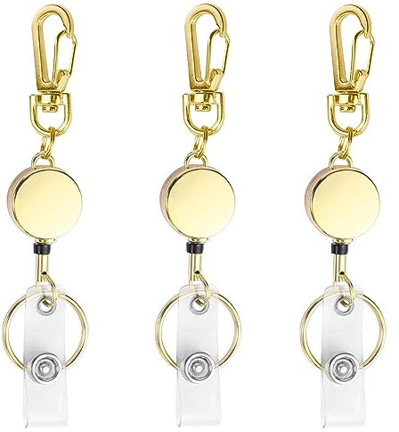 bolimoss Ausziehbarer Ausweishalter aus Metall mit Gürtelclip, Schlüsselanhänger für Namenskarte, 3 Stück (Gold)