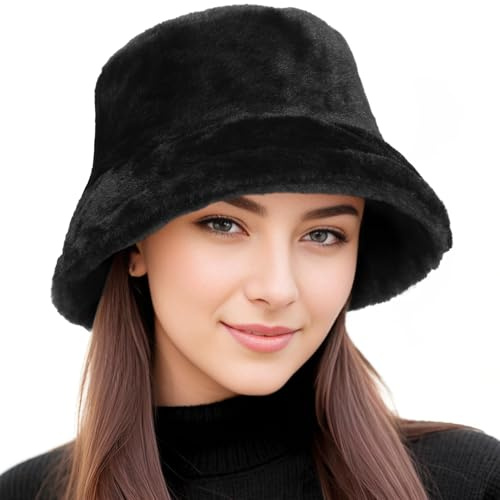 BFONS Faux Fur Winter Bucket Hat for Women Men Fuzzy Warm Hat Women's Furry Fisherman Cap for Casual, Trips, Sports, Skiing, Black