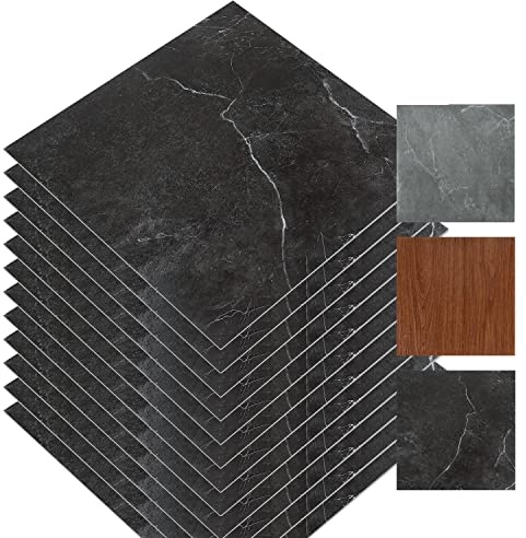 Herrselsam PVC-golvbeläggning självhäftande, vinyl laminat halkfri vattentät skärbar kakeloptik golvplattor, 30 x 30 cm 110 plattor 10 m² (svart marmor)