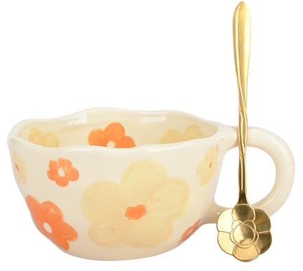 XinHuiGY Tasse céramique fleur, Cadeau femme original utile, tasse à café, tasse the kawaii, Cute mug avec cuillère, tasses esthétiques créative, cadeau mamie, anniversaire femme, noel (Orange)
