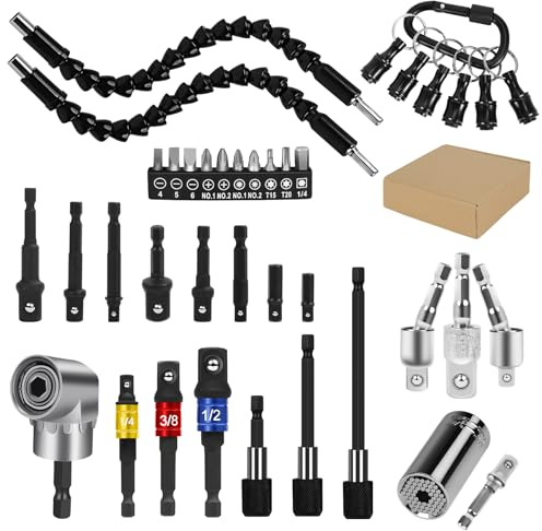 GALLIA Flexible Drill Bit Extension Set 38Pcs, Right Angle Drill Attachment, Rotatable Joint Socket 1/4 3/8 1/2 Inch Hex Socket Adapter, Bits Holder and Screwdriver Bit Kit with a Box (Black)