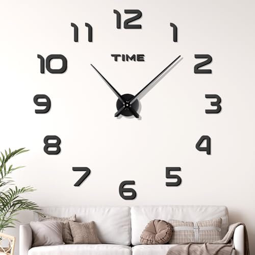 JIZZU Orologio da Parete Adesivo Grande, Particolari Moderni Grande Adesivo Silenzioso Wall Clock, Moderno Digitale Muro Casa, Adatto a Casa, Ufficio, Hotel, Nero