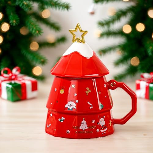 Julmuggar 382 ml keramisk kaffemugg med lock, julgransform festlig jul kaffemuggar med stjärntopp omrörningspinne för semestergåvor och dekor röd, keramisk kaffemugg med lock