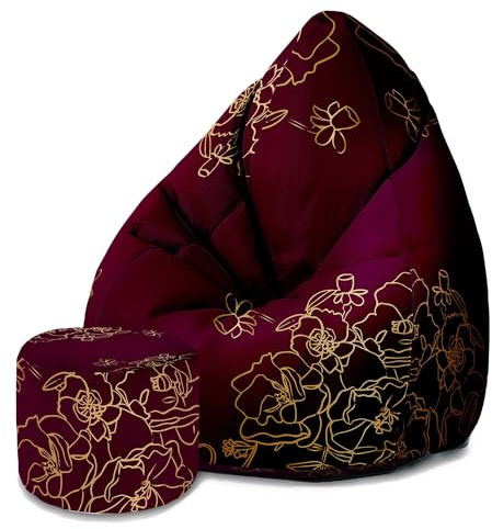 DreamRoots Sitzsack Erwachsene mit Füllung 80x80x120cm - Bean Bag Chair - Sitzsäcke mit Lehne und Hocker und Bezug - Sitzsack Sessel - Chill Sessel Velvet Gold Roses