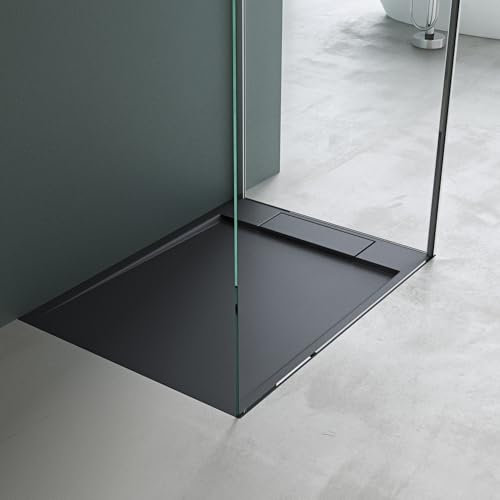Mai & Mai Plato de Ducha Rectangular Antracita 70x90x4cm Plato de Ducha Extraplano de Mármol Fundido Geoma04