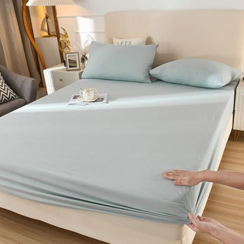 Calefee Spannbettlaken 90x200 Hoher Steg 25cm, Betttuch ohne Kissenbezug Baumwolle Einfarbig Hellblau