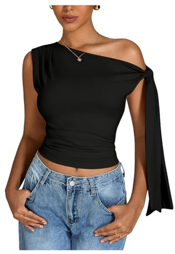 Milumia Women's Ruched One Off The Shoulder Tank Tops Asymmetrical Neck Tie Shoulder Going Out Top Black Large