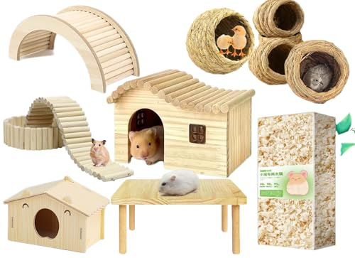 Cage moderne pour hamster en pin pour petits animaux, pour la maison, les jeux et la formation de paysages dans la boîte pour enfants, contient 6 pièces de maison, table, clôture, nid d'oiseaux, pont