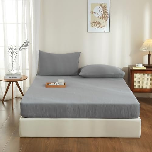 YASMENG Doppelte Muslin Spannbettlaken 140x200cm 100% Baumwolle Grau Muslin Bettlaken 140x200cm Baumwolle Weich Atmungsaktiv Kuschelige Spannbetttuch Boxspringbett Geeignet für 30cm Matratze