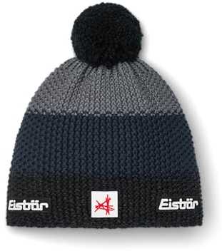 Eisbär Mütze Herren & Damen Star Pompon Ski Austria Schwarz-grau-blau - Merino Wintermütze Unisex mit Fleece schützt vor Kälte und Wind - Bommelmütze atmungsaktiv elastisch Haube aus Österreich