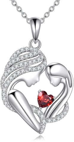 AXELUNA Mother and Daughter Necklace 925 Sterling Silver Cubic Zirconial Birthstone Heart Pendant Necklace Gifts for Mum Women (01-january, Garnet)