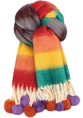 AMOFIA Girls Knit Scarf Colorful Warm Scarves Soft Striped Wraps with Pom 3-12 Years