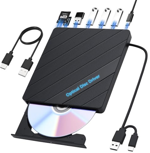 ELUTENG Lettore/Masterizzatore CD/DVD Esterno USB 3.0 & Type-C con Cavo USB-C 0.6m, Unità CD/DVD Portatile +/-RW per Laptop PC MacBook Windows 11/10/8/7 Mac OS