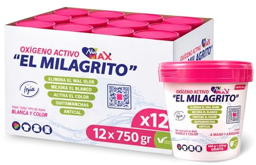 Oxígeno Activo en polvo, Quitamanchas y Blanqueador para Ropa Blanca y de color, Antical alarga la vida de la lavadora, Elimina el mal olor de la ropa, Contiene 12 unidad de 750 gr