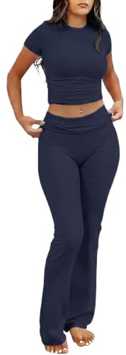 IWOLLENCE Loungewear Sets for Women UK Two Piece Outfit Short Sleeve Crop Top and High Elastic Waist Wide Leg Trousers Co Ord Set (Navy Blue, XS)