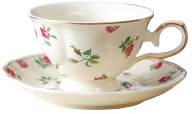 fanquare Vintage Set di Tazza e Piattino in Porcellana 180ml,Tazza da Tè con Motivo a Rose Servizio da Caffè Elegante per Colazione Pomeridiano Casa Ufficio e Regalo