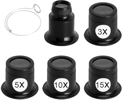 JYYWTSI Set 5 Lenti da Orologiaio, Lente da Gioielliere 3X 5X 10X 15X 20X con Anello in Acciaio, Monocolo con Doppia Lente in Vetro per Orologi, Gioielli, Diamanti, Monete