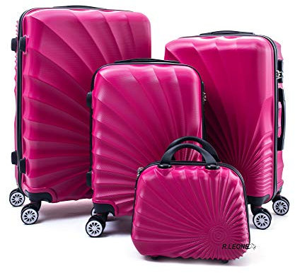 R.Leone Valigia da 1 Fino a Set 4 Trolley Rigido grande, medio, bagaglio a mano e beauty case 8 ruote in ABS 2092 (Fucsia, XS Beauty case)