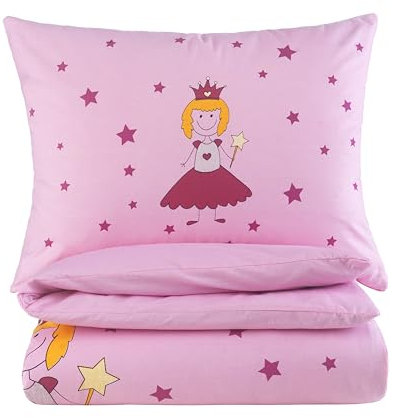 BaSaTex Kinder Baby Bettwäsche Set für Mädchen und Jungen | 100x135 cm + 40x60 cm | 100% Baumwolle Renforcé | Reißverschluss | Prinzessin – Sterne | pink/rosa
