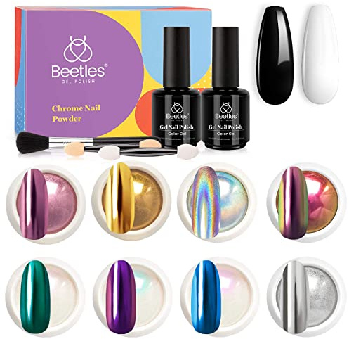 Beetles Chrome Nail Powder Kit with 2 Colours Gel Polish Mirror Effect Holographic Aurora Iridescent Pearlescent Manicure Art Decoration Glitter, Holo Nail Powder 8 Colours 1g or 0.5g/Jar