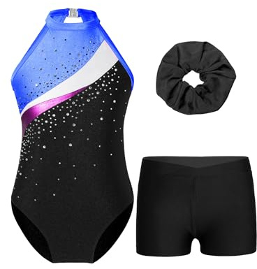 Oyolan Gymnastiktrikåset, barn, flicka, strass, tryck, med shorts, gym, dans, skridskoåkning, träning, framträdanden, kostym, show, 5–16 år, Färg: blå, 11-12 �r