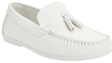 SIRRI Pojkar tofs loafers - klassiska platta loafers för bröllop, nattvard och fritidskläder, Vitt och blått, 32 EU