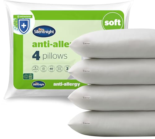 Silentnight Anti Allergy Soft Pillows 4 Pack – Soft Support Pillows with Bouncy Fibres Ideal for Front and Stomach Sleepers – Hypoallergenic and Machine Washable – Pack of 4