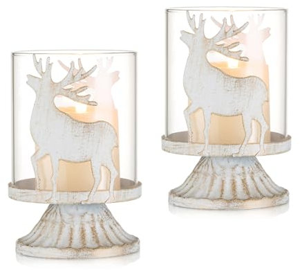 Kerzenhalter Weihnachtsdeko Windlichter Weihnachten Deko: Candeldo 2er Set Hirsch Kerzenständer aus Metall Weihnachten Dekoration Vintage Landhaus Deko für Tisch Fenster Wohnzimmer (Weiß)