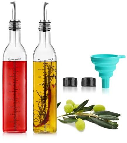 com-four® Juego de botellas de vidrio de 7 piezas - botellas con escala y embudo para mezclar aceites, vinagre, licores, bebidas espirituosas - botella dosificadora con accesorio (juego de 7 piezas)
