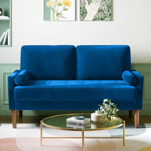 Vesgantti Petit Canapé 2 Places en Velours Bleu 121cm avec Coussin à Ressorts, Mini Chambre avec Accoudoirs, Causeuse de Salon Moderne