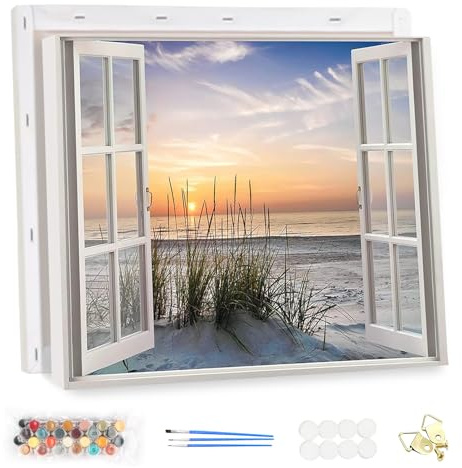 MEIYUDA Pintar por Numeros Adultos con Marco Ventana Falsa, DIY Painting by Numbers Kits Cuadros por Numeros Amanecer, Pintura de Bricolaje Sobre Lienzo con Pinceles Decoración para el Hogar 40x30cm