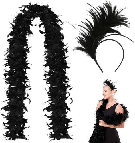 Boa Piume Nero Anni - Fascia Elegante con Piume Nere, Accessorio Chic Per Tutti gli Eventi - Sciarpa di Piume di 2 Metri e Fascia di Piume Inclusa