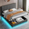 Ottoman Bed King Size, 5ft Bed Frame with LED Light, PU Leather Upholstered Storage Bed with Hydraulic Storage, King Bed with Adjustable Channel Tufted Headboard, No Mattress, Grey