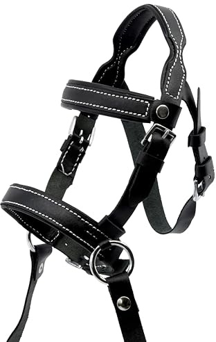 Hobby Horse Filet bridon éthologique Noir pour Hobby Horse Taille A3 et A4. Réglable par Boucle. Cuir synthétique surpiqué de Coutures Blanches