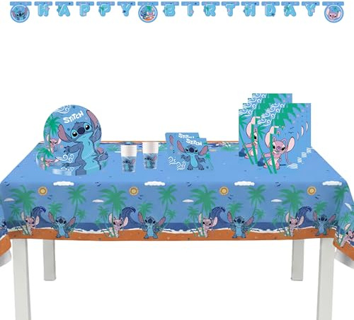 Procos - Set per feste Stitch grande, 46 pezzi, per feste di compleanno per bambini o feste a tema, decorazione da tavolo