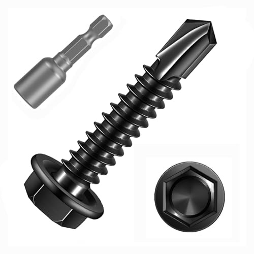 100 Piezas Tornillos Autorroscantes M4,2x19mm, Tornillos Roscachapas de Cabeza Hexagonales,Tornillos Autoperforantes de Acero Inox. 410 Negro Epoxi con 1 Taladro para Metal Chapa Aluminio Madera.